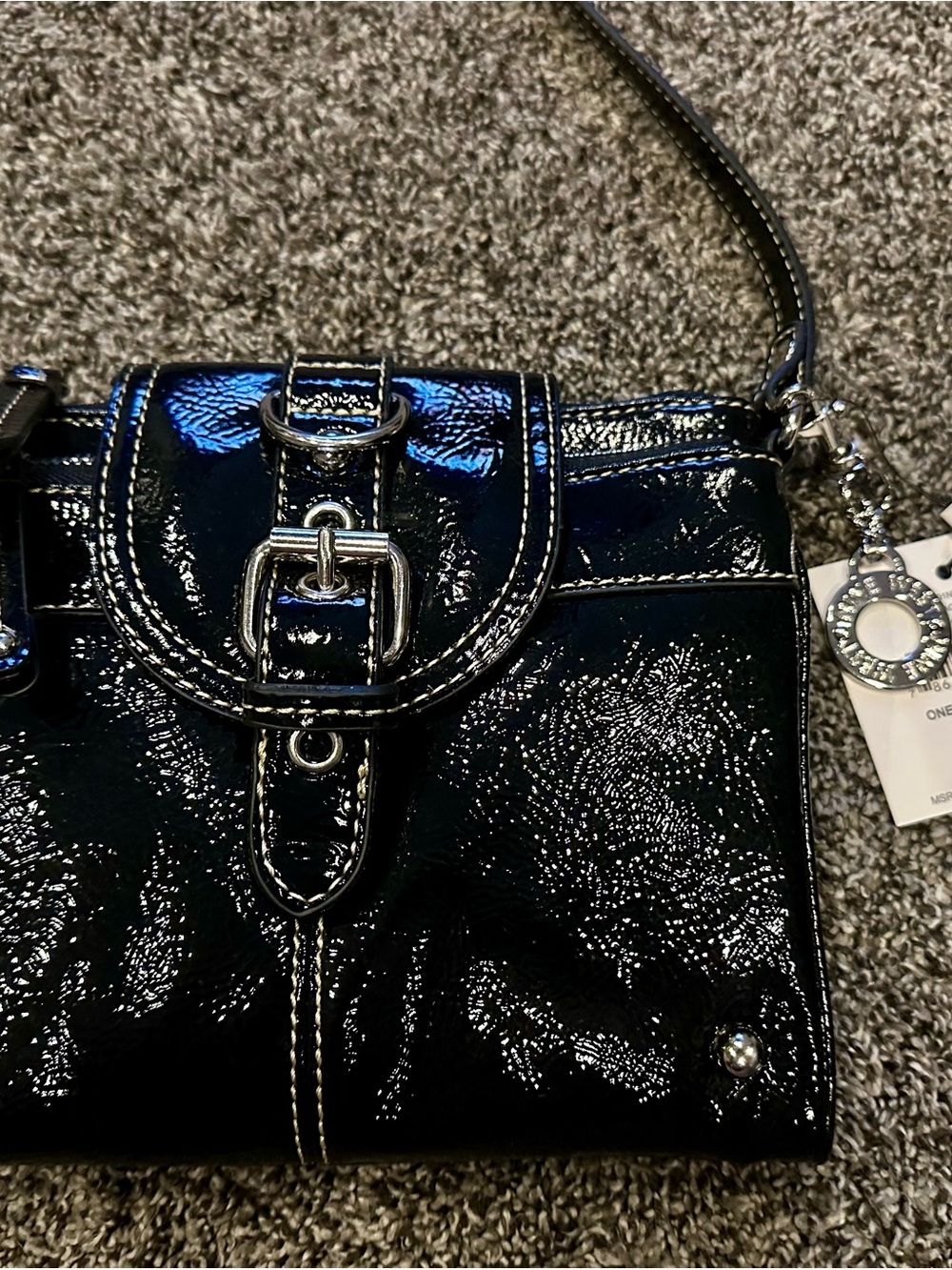 Nine West Black Patent Leather Crossbody with Buckle Accent